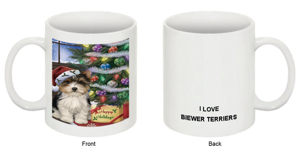 Christmas Happy Holidays Biewer Terrier Dog with Tree and Presents Coffee Mug MUG48841