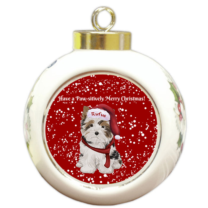 Custom Personalized Pawsitively Biewer Terrier Dog Merry Christmas Round Ball Ornament