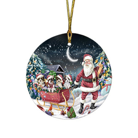 Santa Sled Dogs Christmas Happy Holidays Biewer Terriers Dog Round Flat Christmas Ornament RFPOR51705