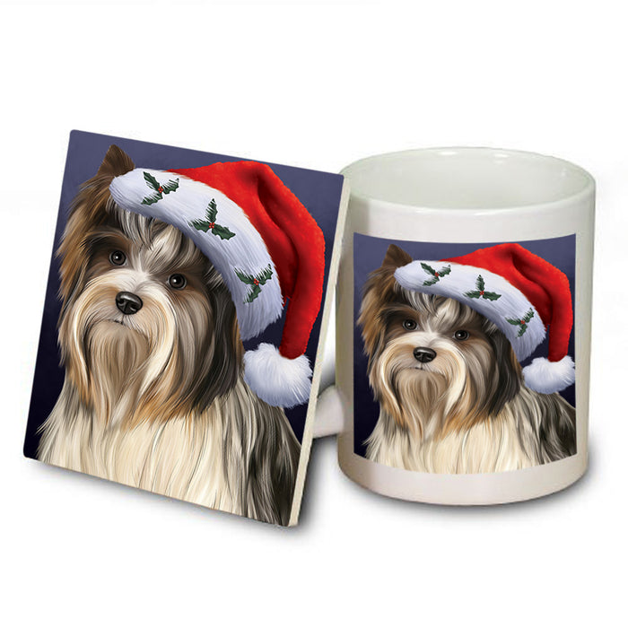 Christmas Holidays Biewer Terrier Dog Wearing Santa Hat Portrait Head Mug and Coaster Set MUC53483