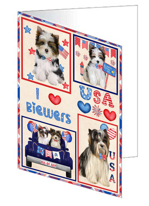 4th of July Independence Day I Love USA Biewer Dogs Handmade Artwork Assorted Pets Greeting Cards and Note Cards with Envelopes for All Occasions and Holiday Seasons