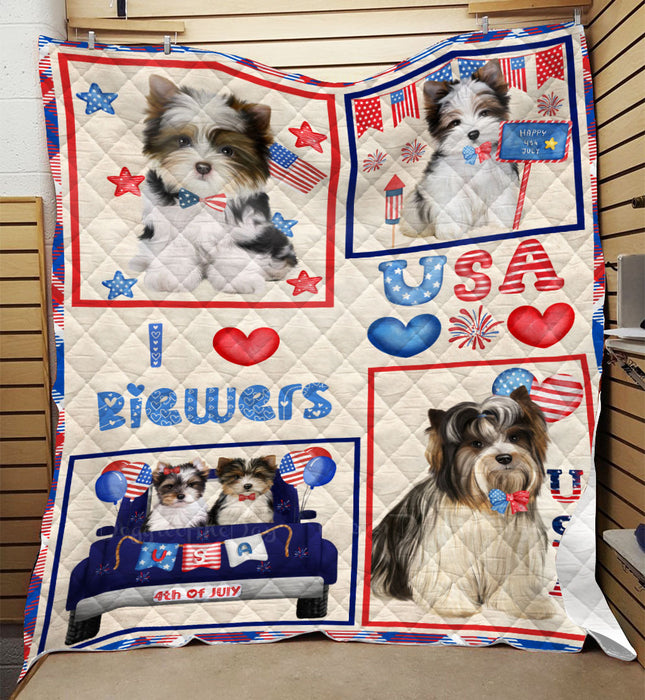 4th of July Independence Day I Love USA Biewer Dogs Quilt Bed Coverlet Bedspread - Pets Comforter Unique One-side Animal Printing - Soft Lightweight Durable Washable Polyester Quilt
