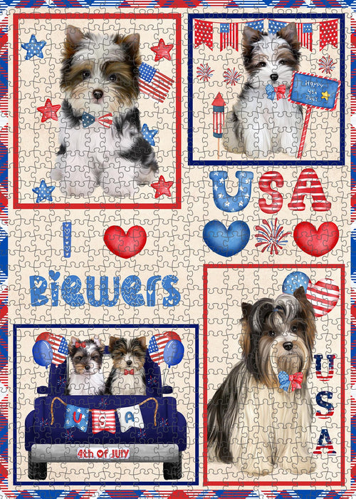 4th of July Independence Day I Love USA Biewer Dogs Portrait Jigsaw Puzzle for Adults Animal Interlocking Puzzle Game Unique Gift for Dog Lover's with Metal Tin Box