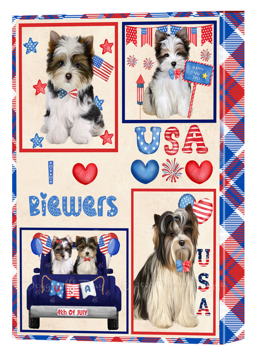 4th of July Independence Day I Love USA Biewer Dogs Canvas Wall Art - Premium Quality Ready to Hang Room Decor Wall Art Canvas - Unique Animal Printed Digital Painting for Decoration