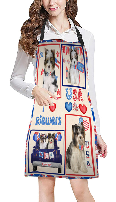 4th of July Independence Day I Love USA Biewer Dogs Apron - Adjustable Long Neck Bib for Adults - Waterproof Polyester Fabric With 2 Pockets - Chef Apron for Cooking, Dish Washing, Gardening, and Pet Grooming