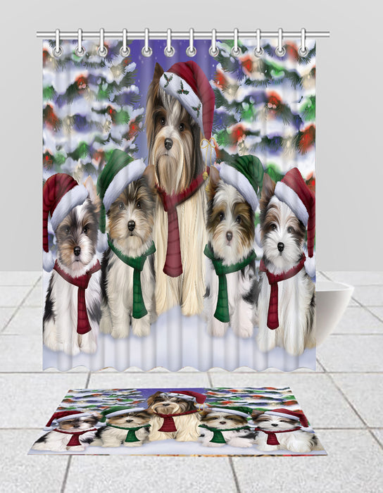 Biewer Terrier Dogs Christmas Family Portrait in Holiday Scenic Background  Bath Mat and Shower Curtain Combo