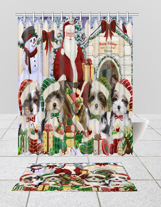 Happy Holidays Christmas Biewer Dogs House Gathering Bath Mat and Shower Curtain Combo