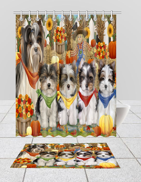 Fall Festive Harvest Time Gathering Biewer Dogs Bath Mat and Shower Curtain Combo