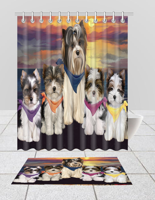Family Sunset Portrait Biewer Dogs Bath Mat and Shower Curtain Combo