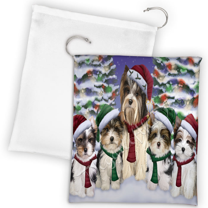 Biewer Terrier Dogs Christmas Family Portrait in Holiday Scenic Background Drawstring Laundry or Gift Bag LGB48118