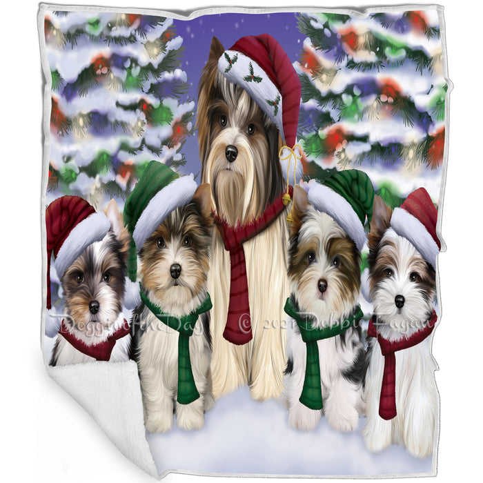 Biewer Terriers Dog Christmas Family Portrait in Holiday Scenic Background  Blanket BLNKT90651