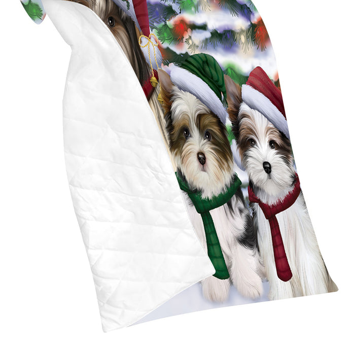 Biewer Terrier Dogs Christmas Family Portrait in Holiday Scenic Background Quilt
