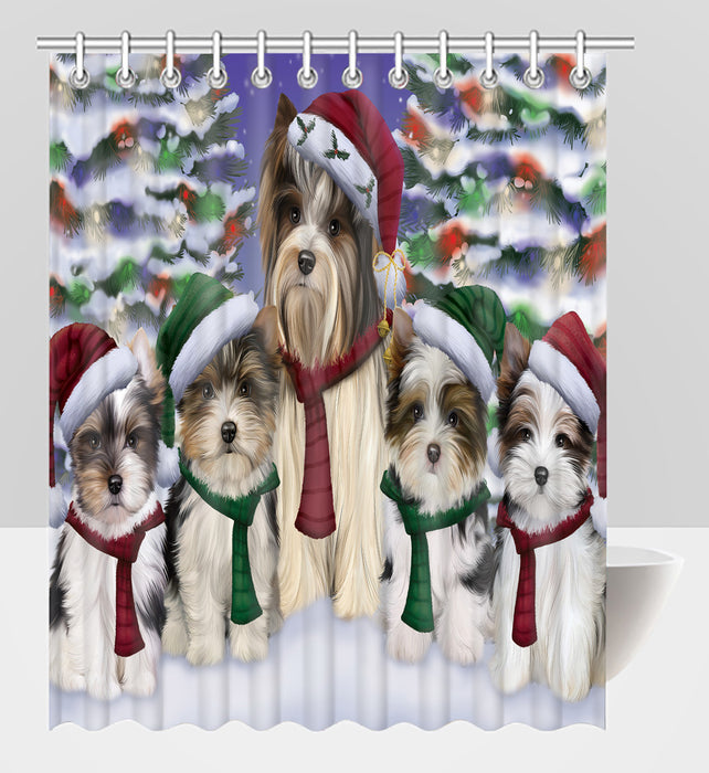 Biewer Terrier Dogs Christmas Family Portrait in Holiday Scenic Background Shower Curtain