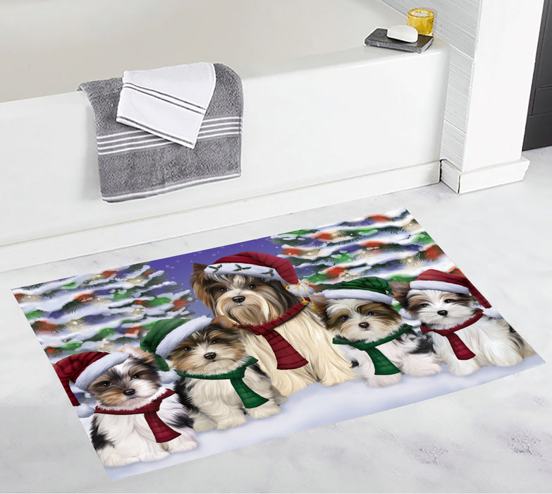 Biewer Terrier Dogs Christmas Family Portrait in Holiday Scenic Background Bath Mat