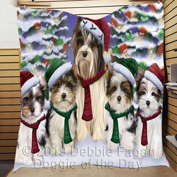 Biewer Terrier Dogs Christmas Family Portrait in Holiday Scenic Background Quilt