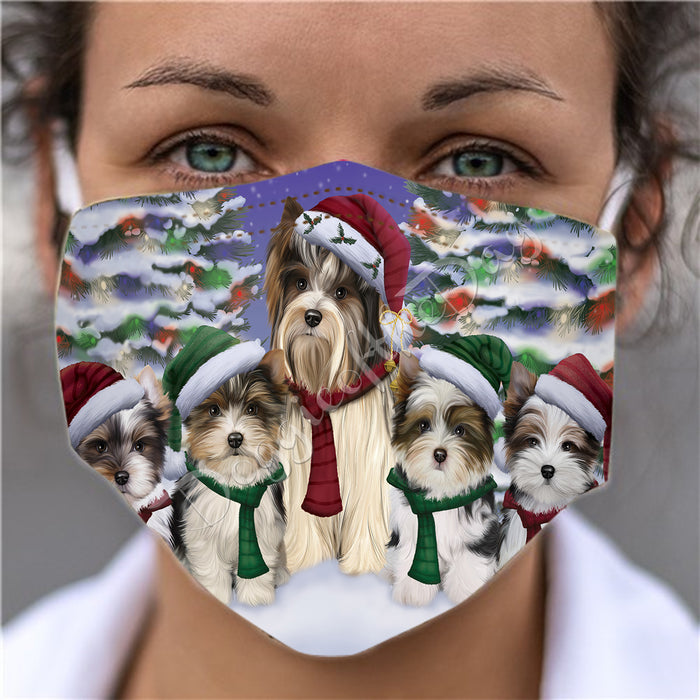 Biewer Terrier Dogs Christmas Family Portrait in Holiday Scenic Background Face Mask FM48320