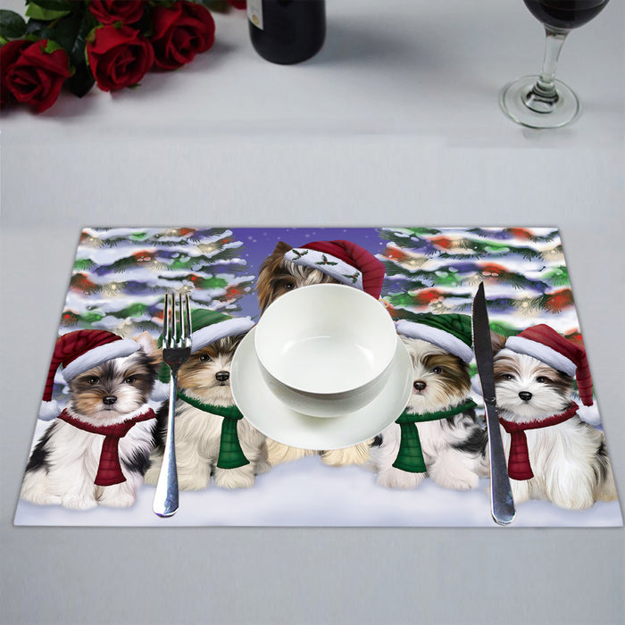 Biewer Terrier Dogs Christmas Family Portrait in Holiday Scenic Background Placemat