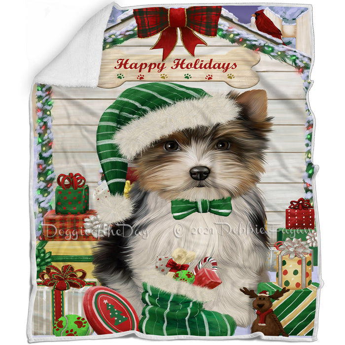 Happy Holidays Christmas Biewer Terrier Dog House with Presents Blanket BLNKT142048