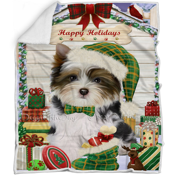 Happy Holidays Christmas Biewer Terrier Dog House with Presents Blanket BLNKT142049