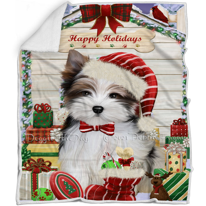 Happy Holidays Christmas Biewer Terrier Dog House with Presents Blanket BLNKT142050