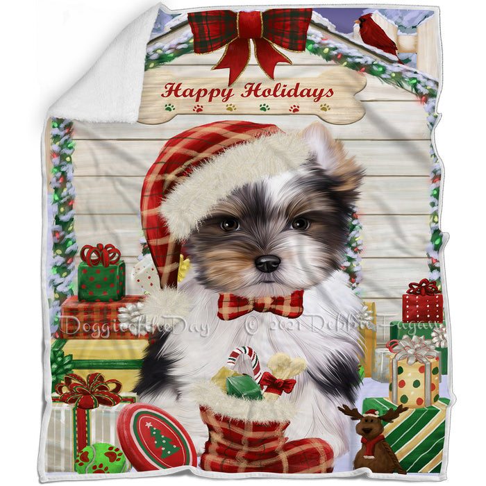 Happy Holidays Christmas Biewer Terrier Dog House with Presents Blanket BLNKT142051