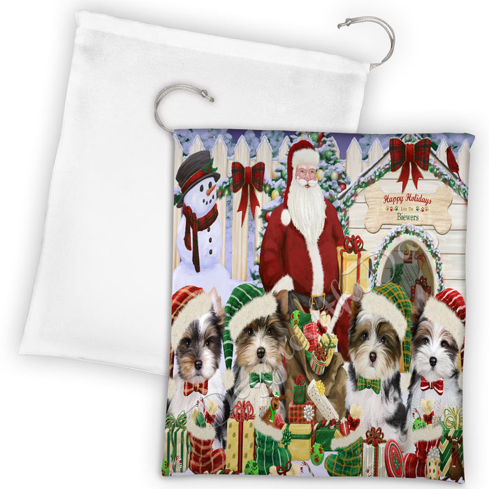 Happy Holidays Christmas Biewer Dogs House Gathering Drawstring Laundry or Gift Bag LGB48021