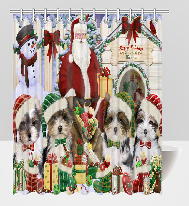 Happy Holidays Christmas Biewer Dogs House Gathering Shower Curtain