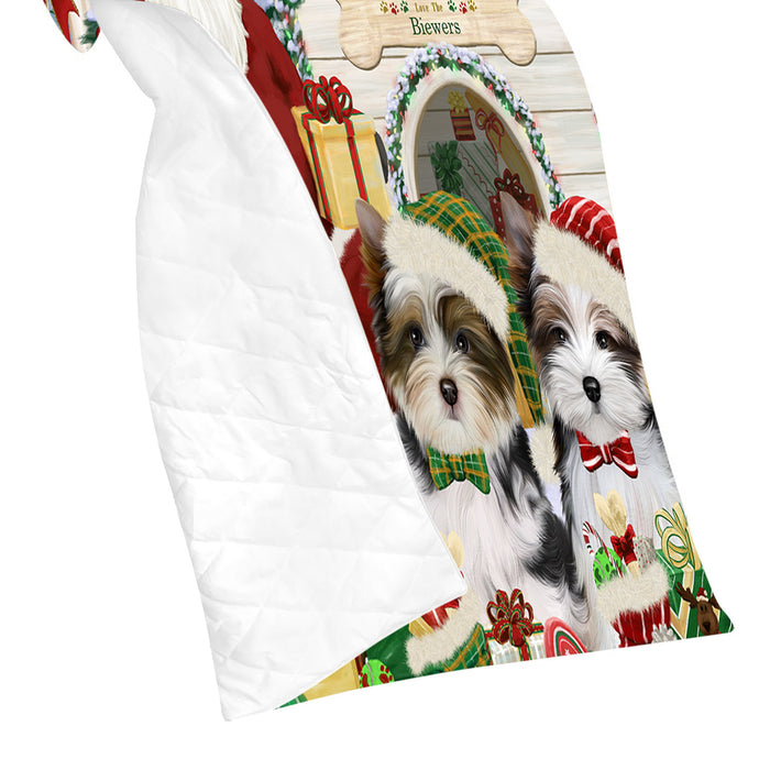 Happy Holidays Christmas Biewer Dogs House Gathering Quilt