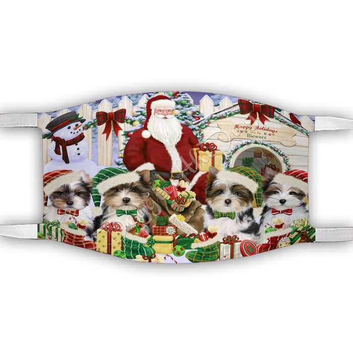 Happy Holidays Christmas Biewer Dogs House Gathering Face Mask FM48223