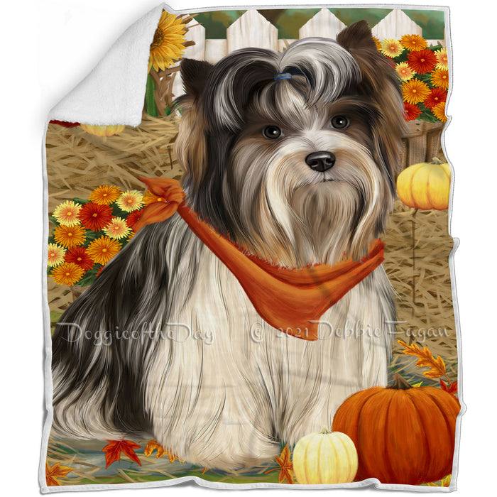Fall Autumn Greeting Biewer Terrier Dog with Pumpkins Blanket BLNKT87060