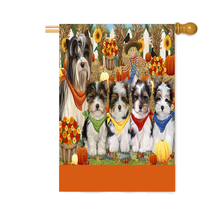 Personalized Fall Festive Gathering Biewer Terrier Dogs with Pumpkins Custom House Flag FLG-DOTD-A61870