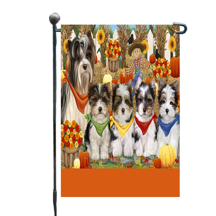Personalized Fall Festive Gathering Biewer Terrier Dogs with Pumpkins Custom Garden Flags GFLG-DOTD-A61814
