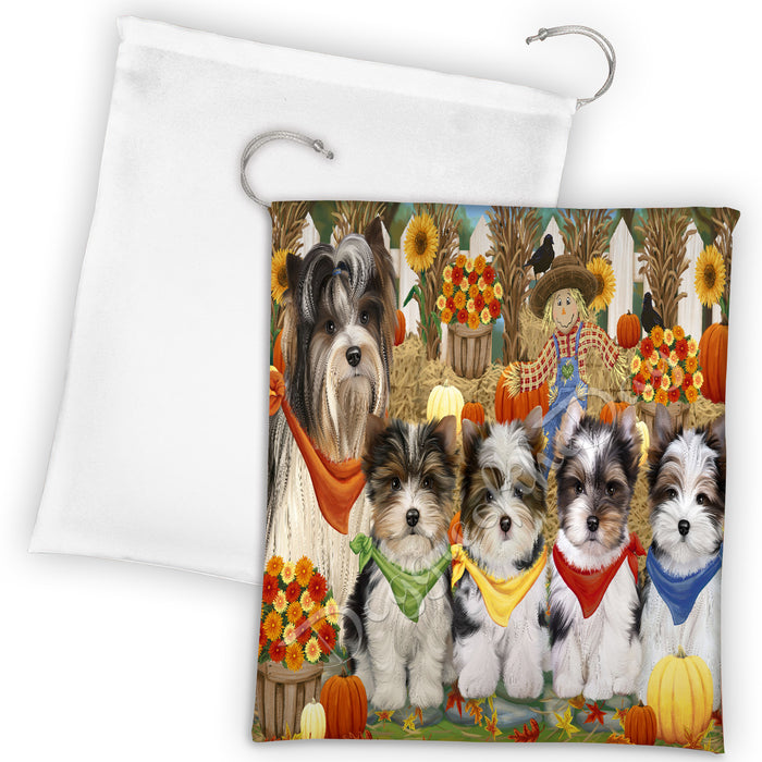 Fall Festive Harvest Time Gathering Biewer Dogs Drawstring Laundry or Gift Bag LGB48379