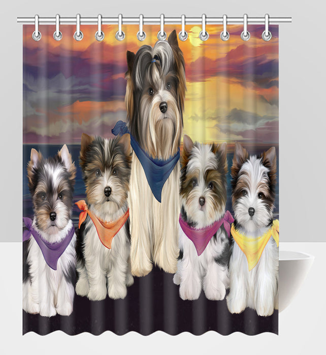 Family Sunset Portrait Biewer Dogs Shower Curtain