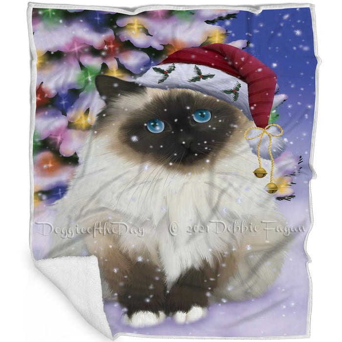 Winterland Wonderland Birman Cat In Christmas Holiday Scenic Background Blanket BLNKT120594