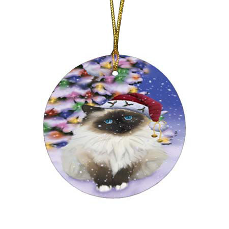 Winterland Wonderland Birman Cat In Christmas Holiday Scenic Background Round Flat Christmas Ornament RFPOR56043