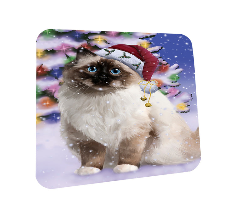 Winterland Wonderland Birman Cat In Christmas Holiday Scenic Background Coasters Set of 4 CST55644