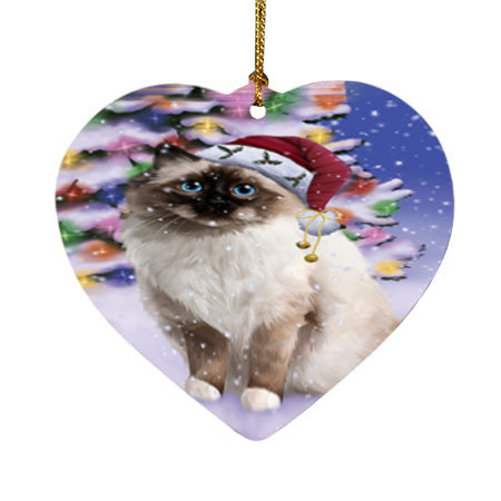 Winterland Wonderland Birman Cat In Christmas Holiday Scenic Background Heart Christmas Ornament HPOR56042