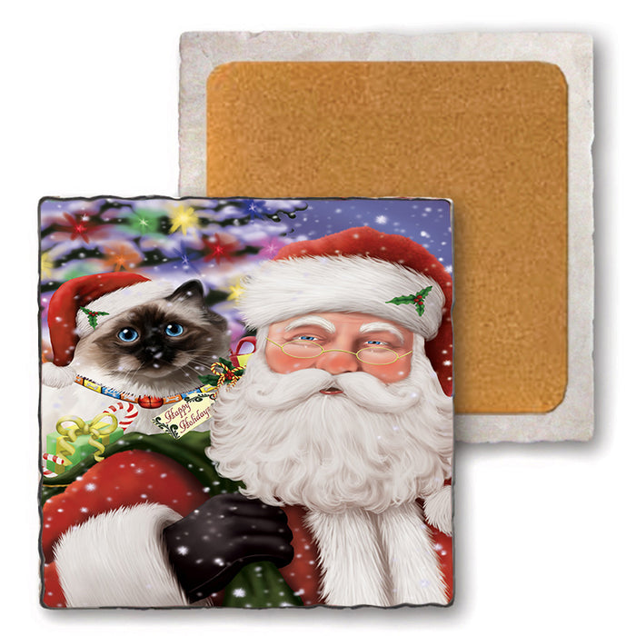 Santa Carrying Birman Cat and Christmas Presents Set of 4 Natural Stone Marble Tile Coasters MCST50487
