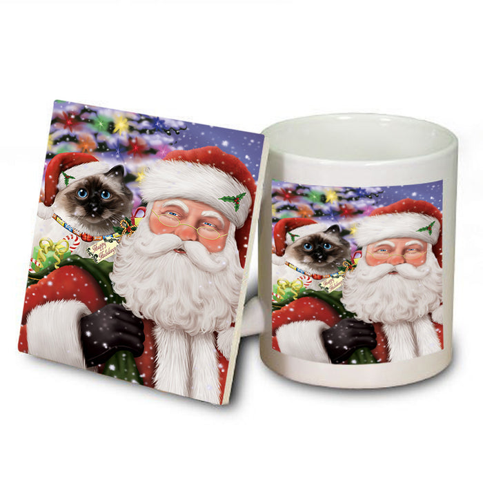 Santa Carrying Birman Cat and Christmas Presents Mug and Coaster Set MUC55479