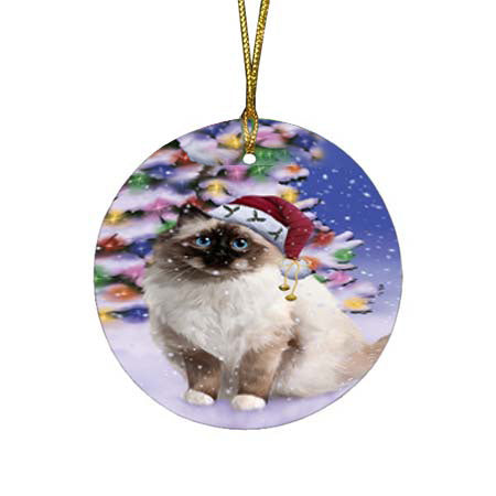 Winterland Wonderland Birman Cat In Christmas Holiday Scenic Background Round Flat Christmas Ornament RFPOR56042