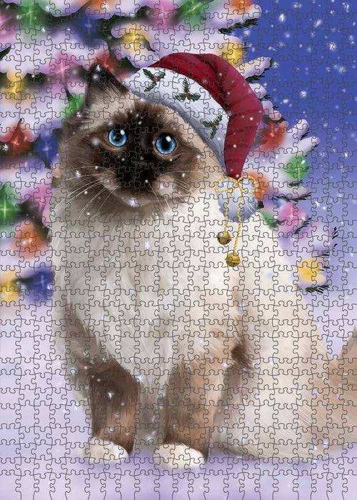 Winterland Wonderland Birman Cat In Christmas Holiday Scenic Background Puzzle with Photo Tin PUZL90948