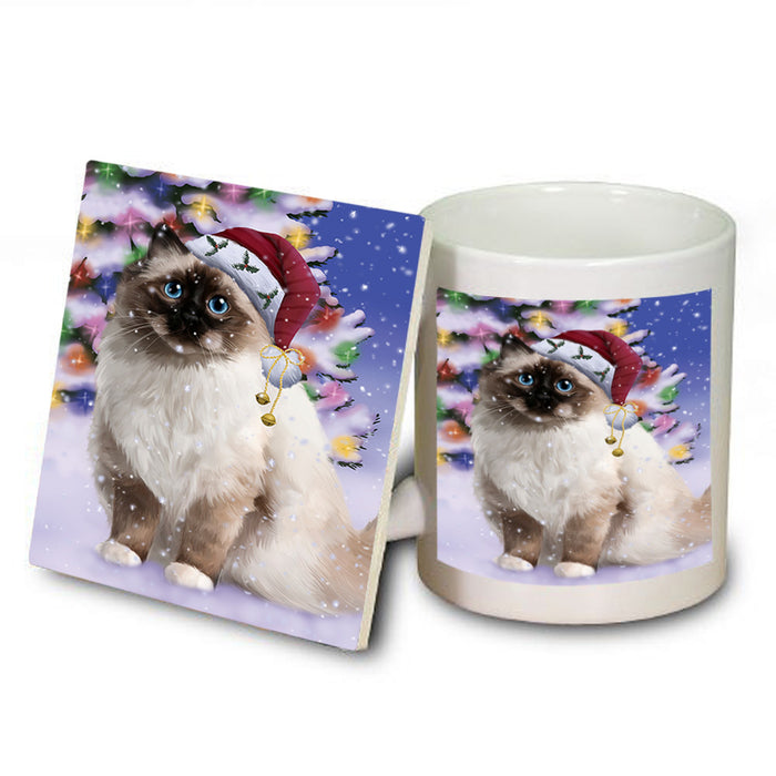 Winterland Wonderland Birman Cat In Christmas Holiday Scenic Background Mug and Coaster Set MUC55678