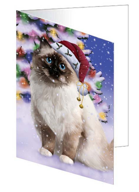 Winterland Wonderland Birman Cat In Christmas Holiday Scenic Background Handmade Artwork Assorted Pets Greeting Cards and Note Cards with Envelopes for All Occasions and Holiday Seasons GCD71573