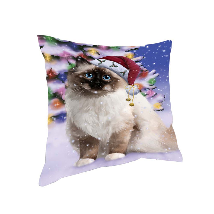 Winterland Wonderland Birman Cat In Christmas Holiday Scenic Background Pillow PIL71672