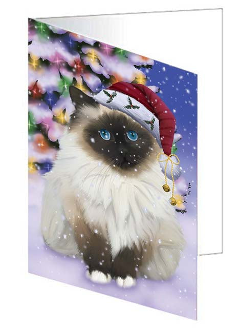 Winterland Wonderland Birman Cat In Christmas Holiday Scenic Background Handmade Artwork Assorted Pets Greeting Cards and Note Cards with Envelopes for All Occasions and Holiday Seasons GCD71576