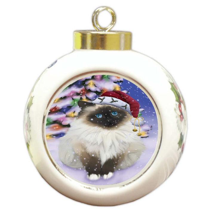 Winterland Wonderland Birman Cat In Christmas Holiday Scenic Background Round Ball Christmas Ornament RBPOR56043