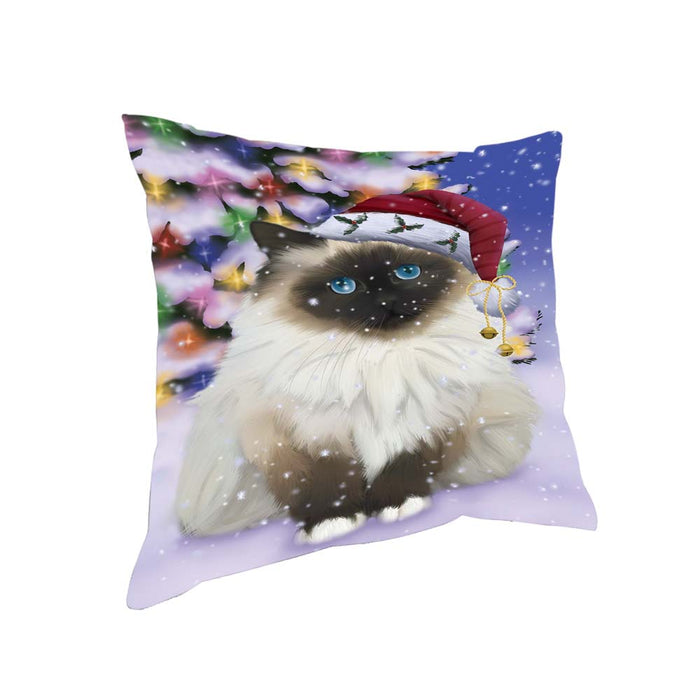 Winterland Wonderland Birman Cat In Christmas Holiday Scenic Background Pillow PIL71676
