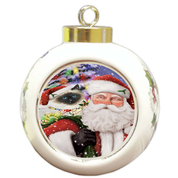 Santa Carrying Birman Cat and Christmas Presents Round Ball Christmas Ornament RBPOR55844
