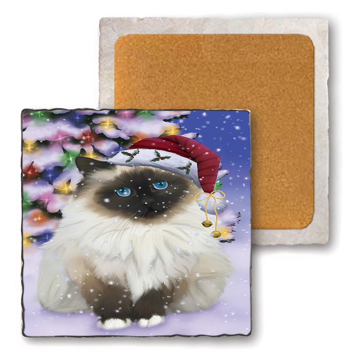 Winterland Wonderland Birman Cat In Christmas Holiday Scenic Background Set of 4 Natural Stone Marble Tile Coasters MCST50687